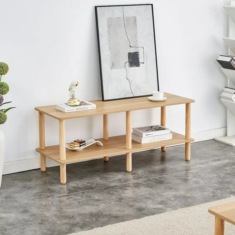 2-Tier TV Stand with Open Storage Shelf and Rubberwood Legs
