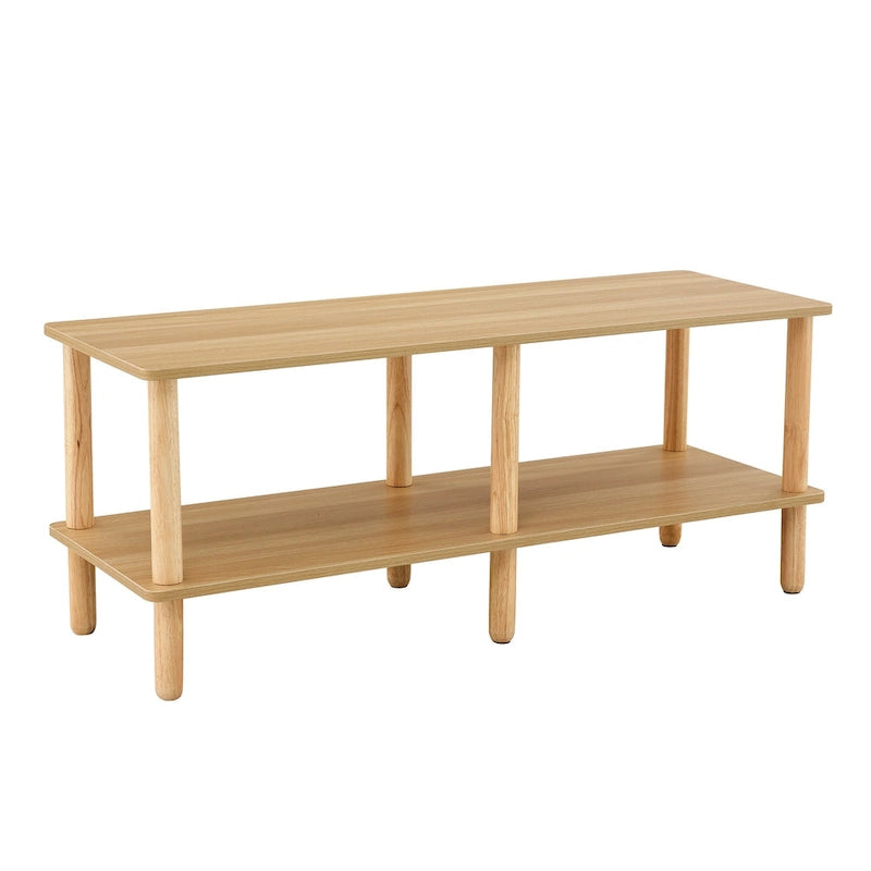 2-Tier TV Stand with Open Storage Shelf and Rubberwood Legs