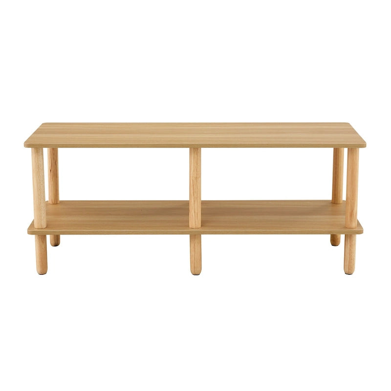 2-Tier TV Stand with Open Storage Shelf and Rubberwood Legs