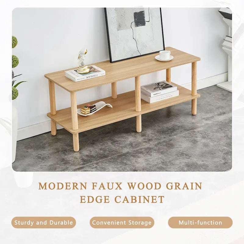 2-Tier TV Stand with Open Storage Shelf and Rubberwood Legs