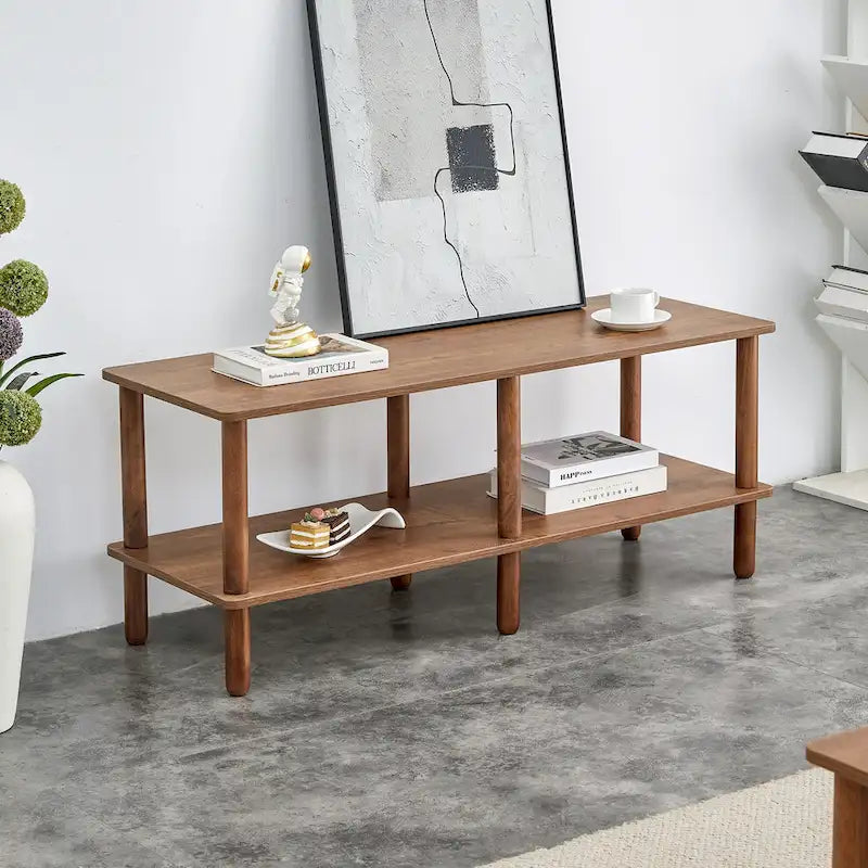 2-Tier TV Stand with Open Storage Shelf and Rubberwood Legs