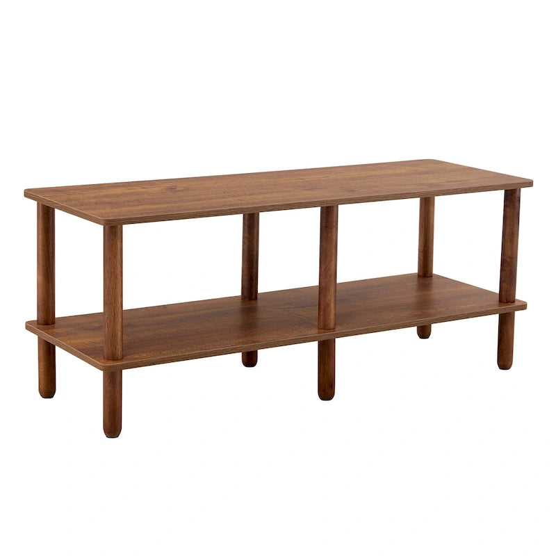 2-Tier TV Stand with Open Storage Shelf and Rubberwood Legs
