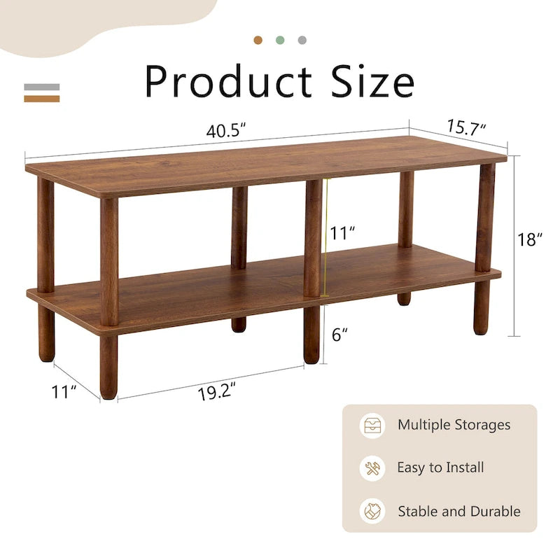2-Tier TV Stand with Open Storage Shelf and Rubberwood Legs