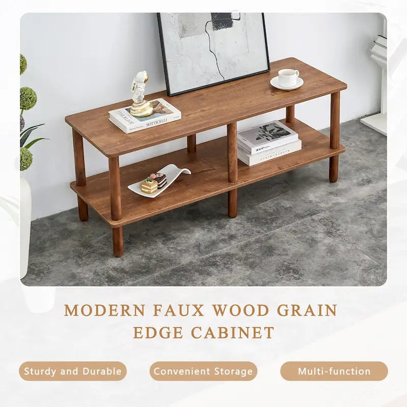 2-Tier TV Stand with Open Storage Shelf and Rubberwood Legs