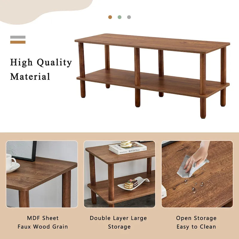 2-Tier TV Stand with Open Storage Shelf and Rubberwood Legs