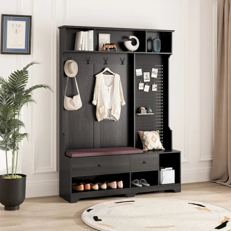 Hallway Hall Tree with Bench, Coat Hooks, Storage Shelves, and Pegboard