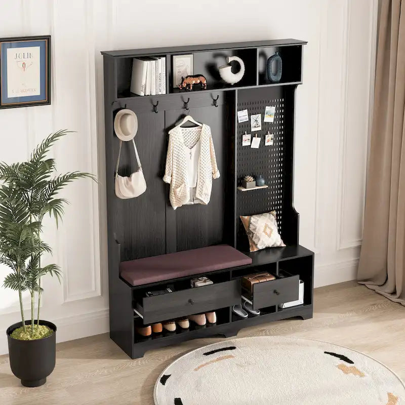 Hallway Hall Tree with Bench, Coat Hooks, Storage Shelves, and Pegboard