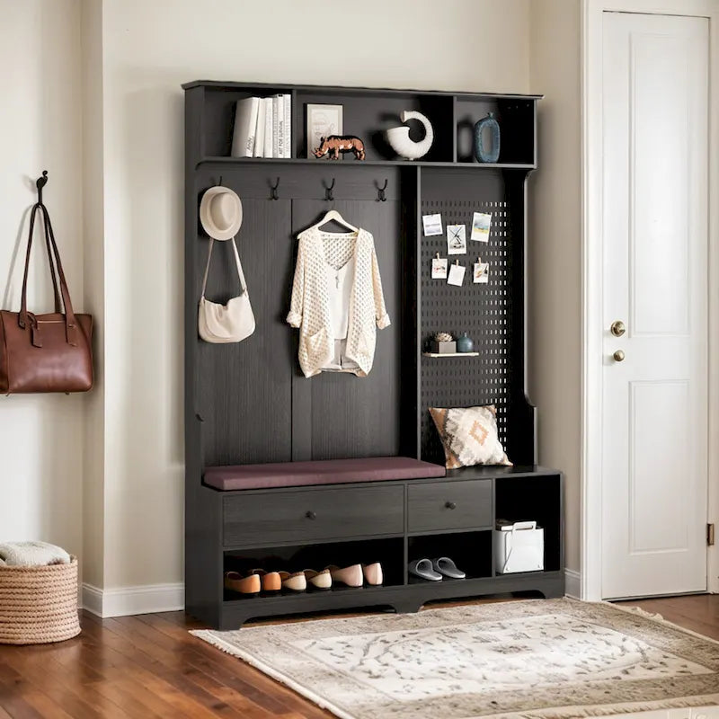 Hallway Hall Tree with Bench, Coat Hooks, Storage Shelves, and Pegboard