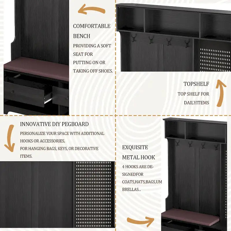 Hallway Hall Tree with Bench, Coat Hooks, Storage Shelves, and Pegboard