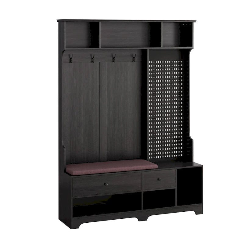 Hallway Hall Tree with Bench, Coat Hooks, Storage Shelves, and Pegboard