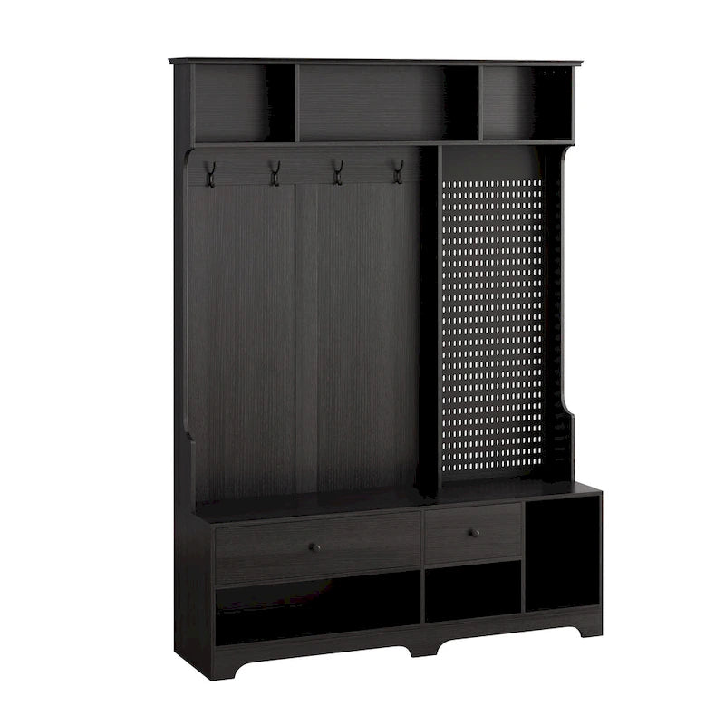 Hallway Hall Tree with Bench, Coat Hooks, Storage Shelves, and Pegboard