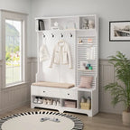 Hallway Hall Tree with Bench, Coat Hooks, Storage Shelves, and Pegboard