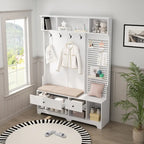 Hallway Hall Tree with Bench, Coat Hooks, Storage Shelves, and Pegboard