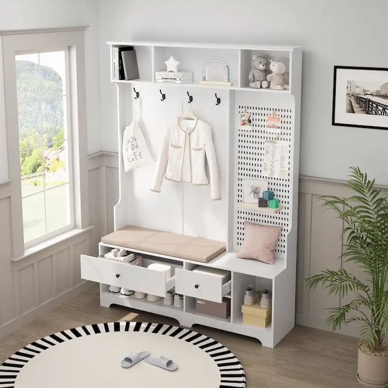 Hallway Hall Tree with Bench, Coat Hooks, Storage Shelves, and Pegboard