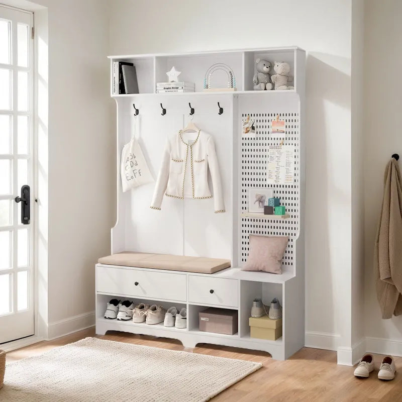 Hallway Hall Tree with Bench, Coat Hooks, Storage Shelves, and Pegboard