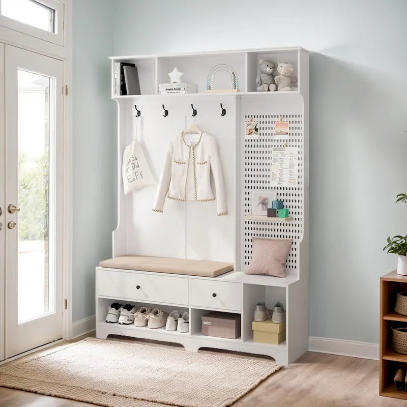 Hallway Hall Tree with Bench, Coat Hooks, Storage Shelves, and Pegboard