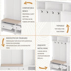 Hallway Hall Tree with Bench, Coat Hooks, Storage Shelves, and Pegboard