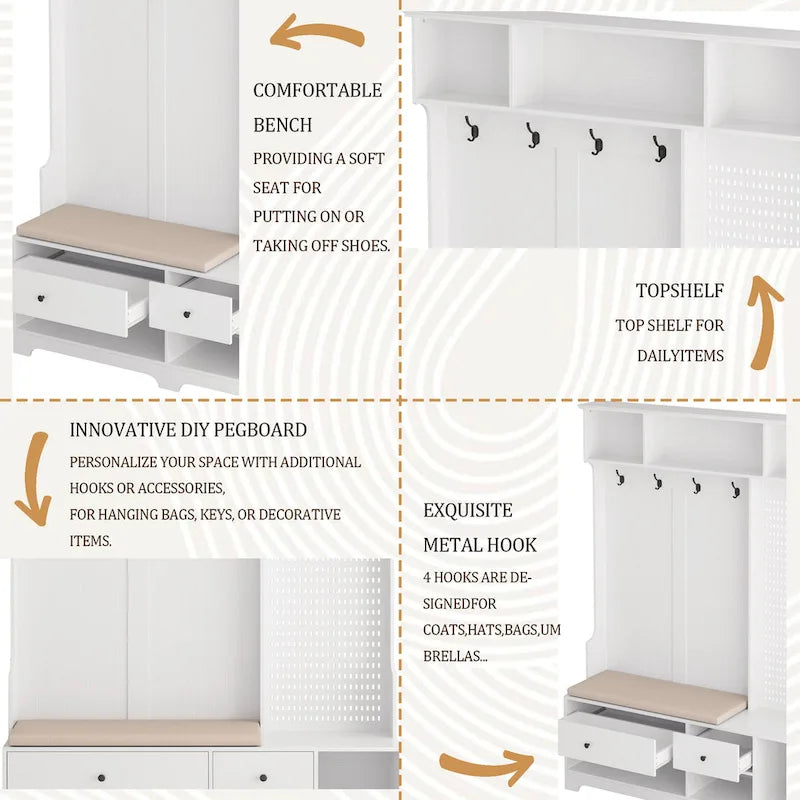 Hallway Hall Tree with Bench, Coat Hooks, Storage Shelves, and Pegboard