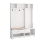 Hallway Hall Tree with Bench, Coat Hooks, Storage Shelves, and Pegboard