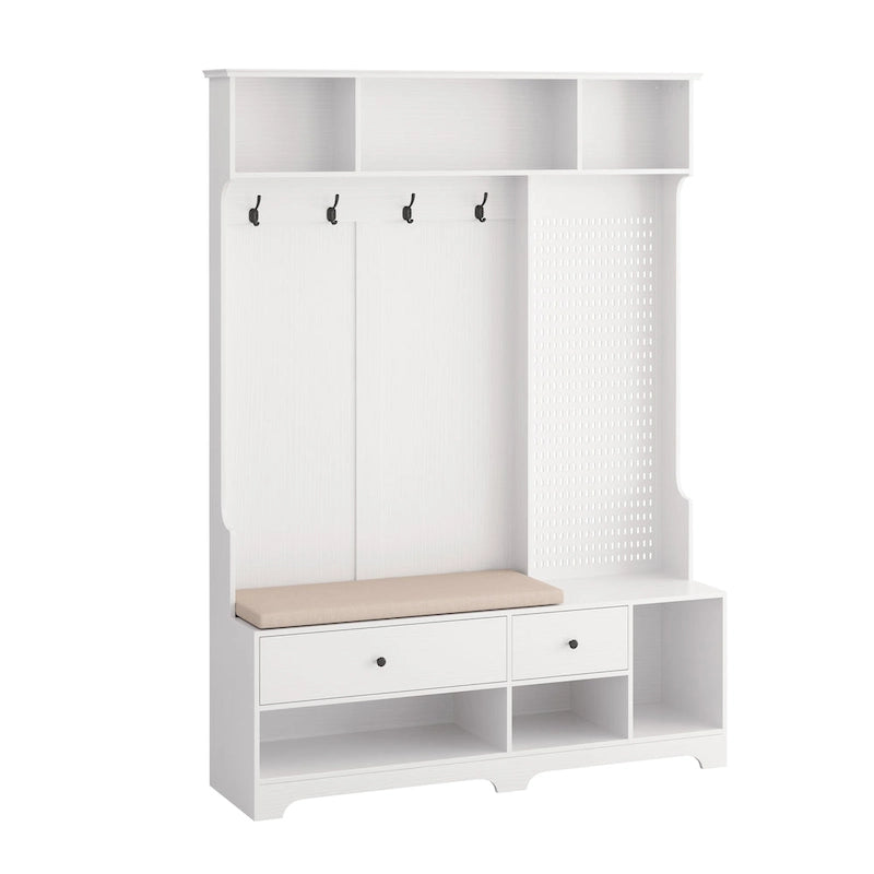 Hallway Hall Tree with Bench, Coat Hooks, Storage Shelves, and Pegboard