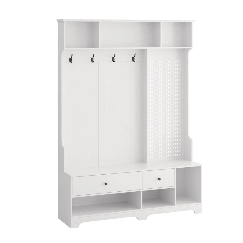 Hallway Hall Tree with Bench, Coat Hooks, Storage Shelves, and Pegboard