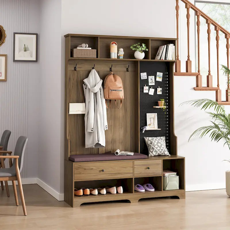 Hallway Hall Tree with Bench, Coat Hooks, Storage Shelves, and Pegboard