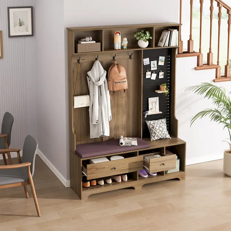 Hallway Hall Tree with Bench, Coat Hooks, Storage Shelves, and Pegboard