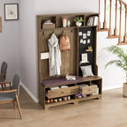 Hallway Hall Tree with Bench, Coat Hooks, Storage Shelves, and Pegboard