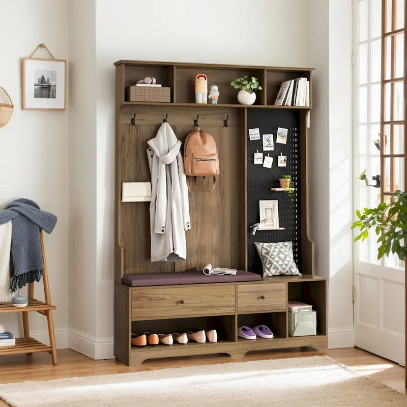 Hallway Hall Tree with Bench, Coat Hooks, Storage Shelves, and Pegboard