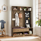 Hallway Hall Tree with Bench, Coat Hooks, Storage Shelves, and Pegboard