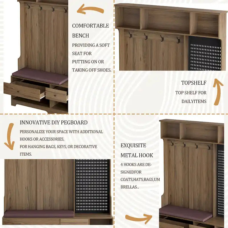 Hallway Hall Tree with Bench, Coat Hooks, Storage Shelves, and Pegboard