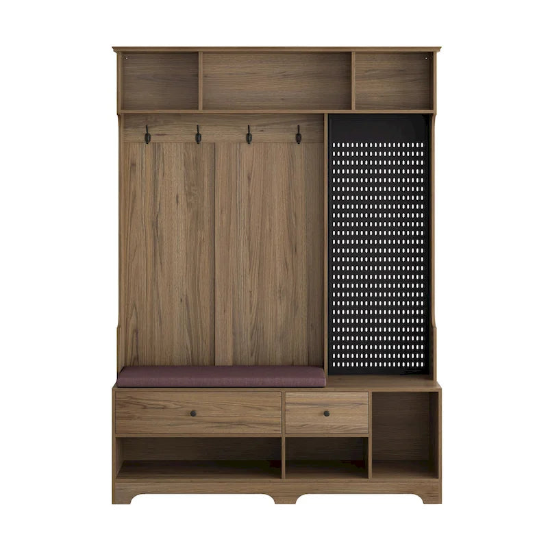 Hallway Hall Tree with Bench, Coat Hooks, Storage Shelves, and Pegboard