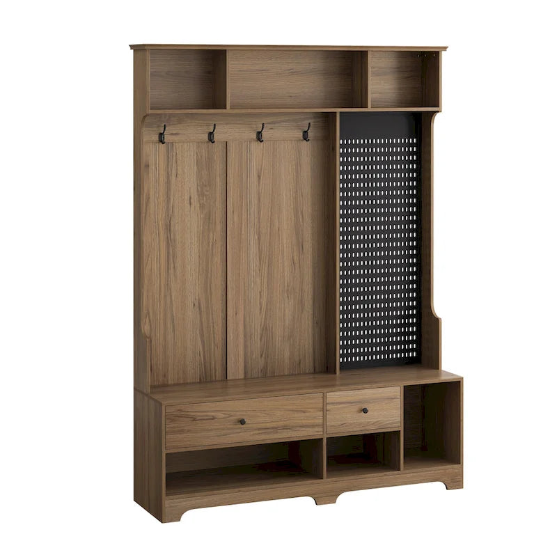 Hallway Hall Tree with Bench, Coat Hooks, Storage Shelves, and Pegboard
