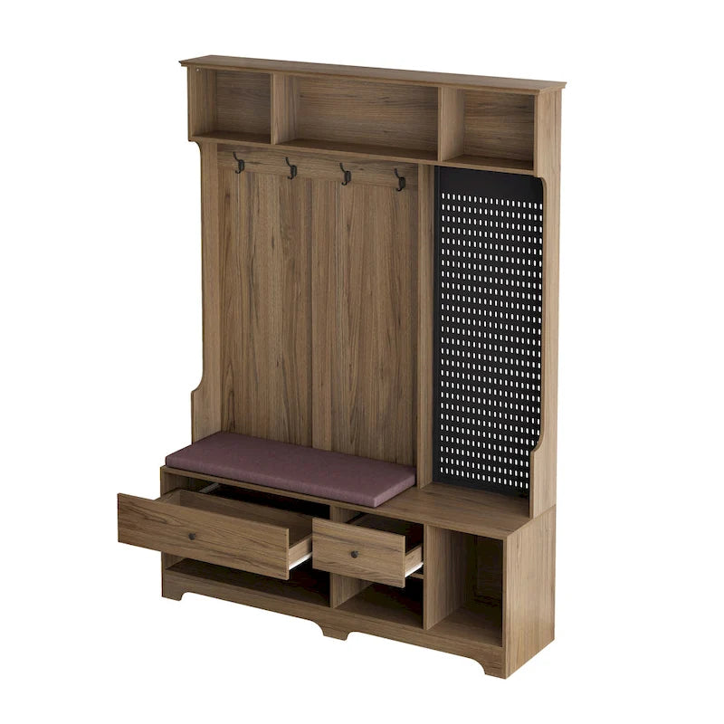 Hallway Hall Tree with Bench, Coat Hooks, Storage Shelves, and Pegboard