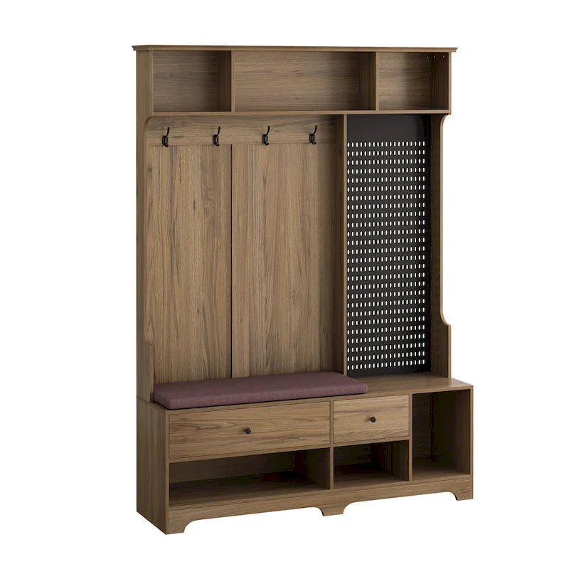 Hallway Hall Tree with Bench, Coat Hooks, Storage Shelves, and Pegboard