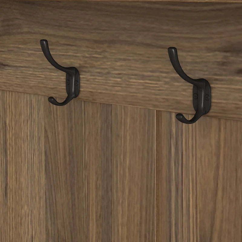 Hallway Hall Tree with Bench, Coat Hooks, Storage Shelves, and Pegboard