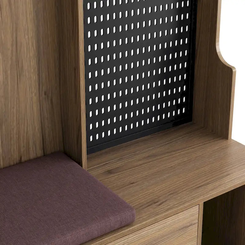 Hallway Hall Tree with Bench, Coat Hooks, Storage Shelves, and Pegboard