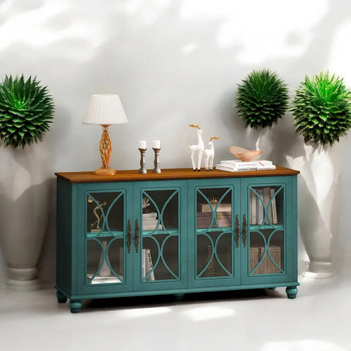 4-Door Cabinet with Tempered Glass Doors and Adjustable Shelves