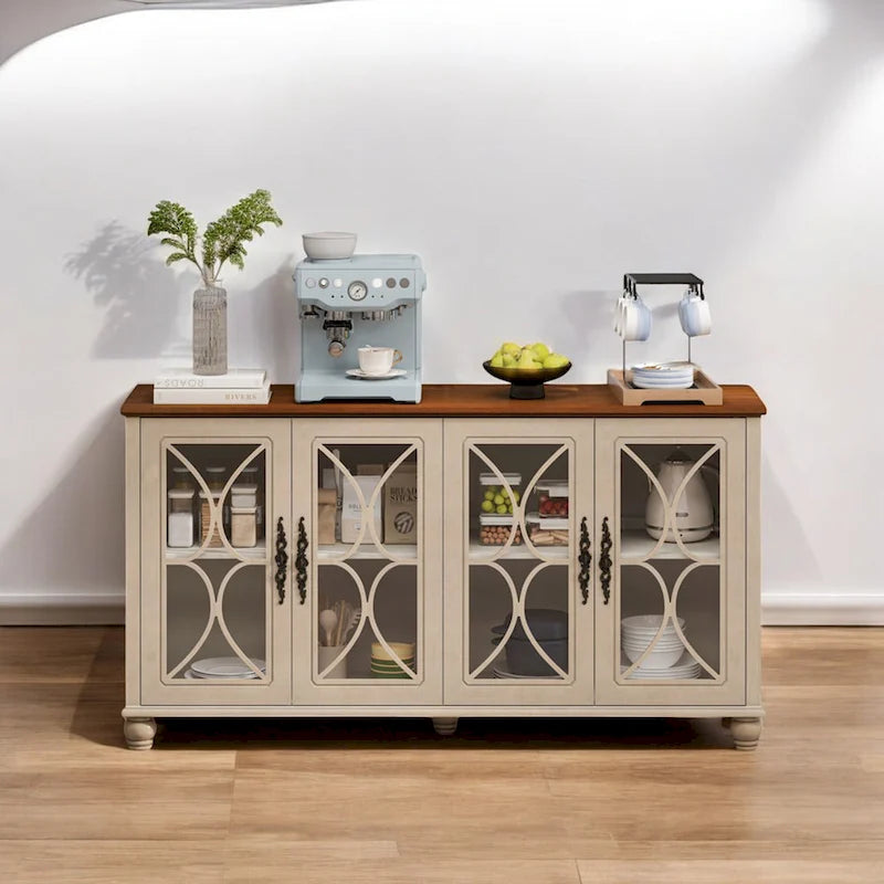 4-Door Cabinet with Tempered Glass Doors and Adjustable Shelves