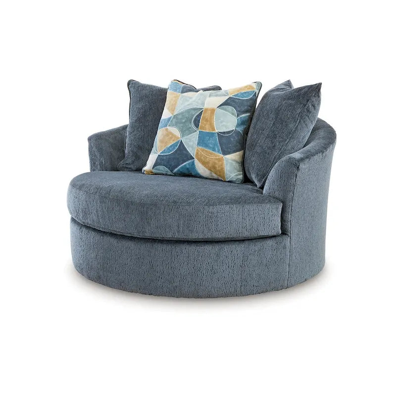 Oversized Round Swivel Accent Chair, 56 Inch, 360° Swivel, 3 Throw Pillows, Blue