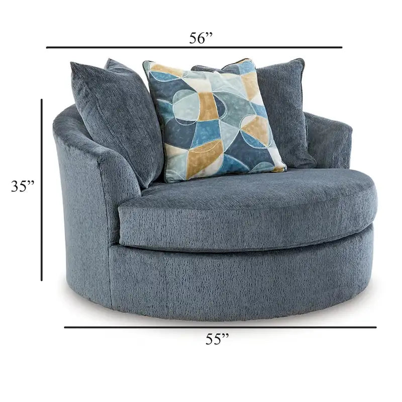 Oversized Round Swivel Accent Chair, 56 Inch, 360° Swivel, 3 Throw Pillows, Blue