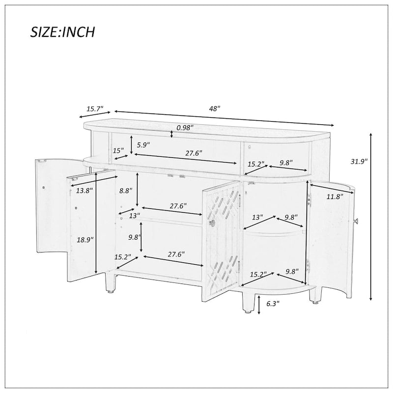 4-Door Storage Cabinet with Curved Sides and Wood Grain Finish