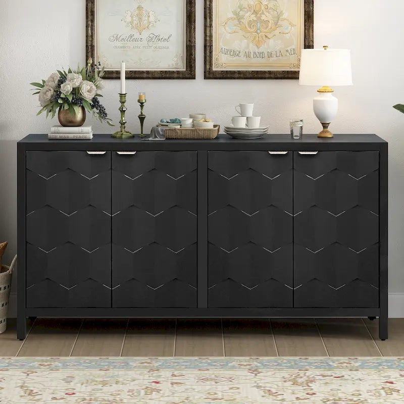 4-Door Sideboard with Honeycomb-Patterned Doors and Metal Handles