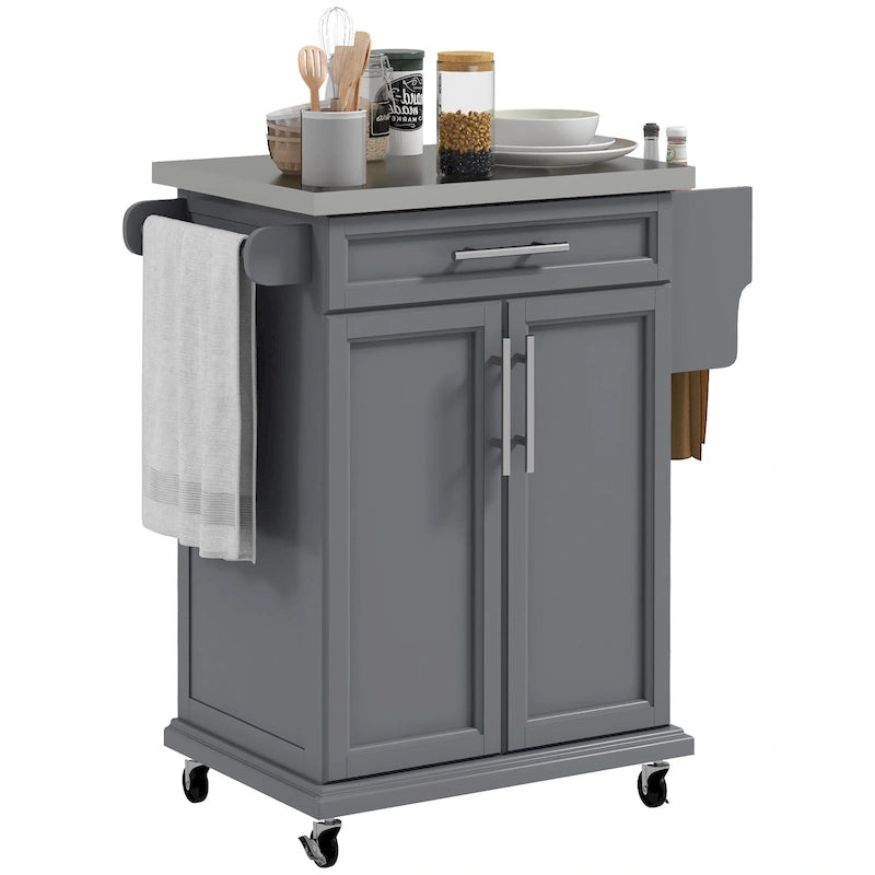 Rolling Kitchen Cart with Stainless Steel Countertop, Drawer, Towel Rack and Spice Rack