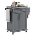 Rolling Kitchen Cart with Stainless Steel Countertop, Drawer, Towel Rack and Spice Rack