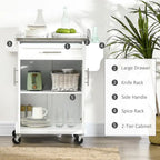Rolling Kitchen Cart with Stainless Steel Countertop, Drawer, Towel Rack and Spice Rack