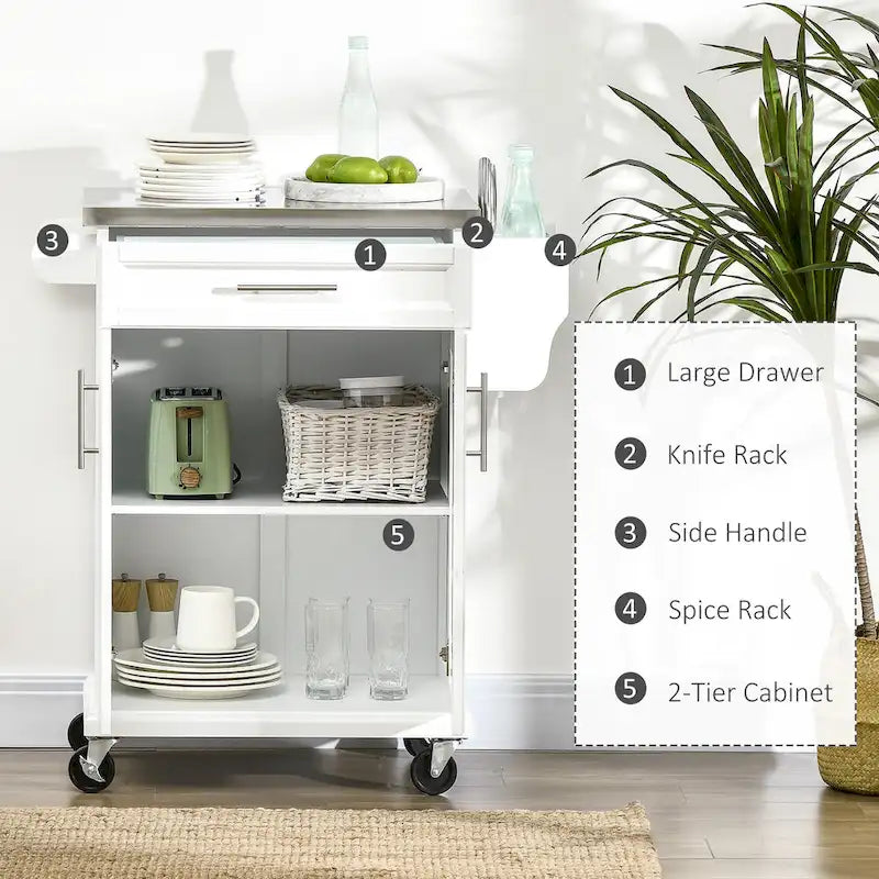 Rolling Kitchen Cart with Stainless Steel Countertop, Drawer, Towel Rack and Spice Rack
