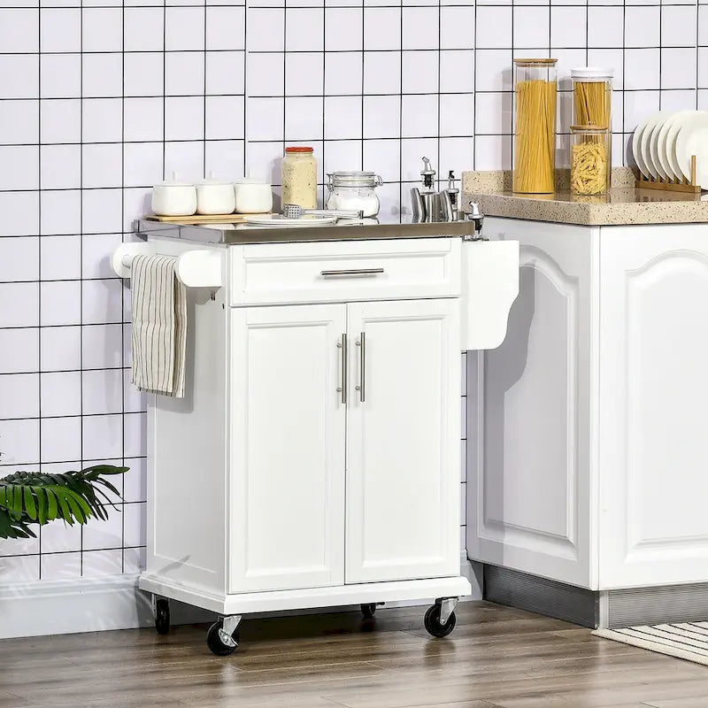 Rolling Kitchen Cart with Stainless Steel Countertop, Drawer, Towel Rack and Spice Rack
