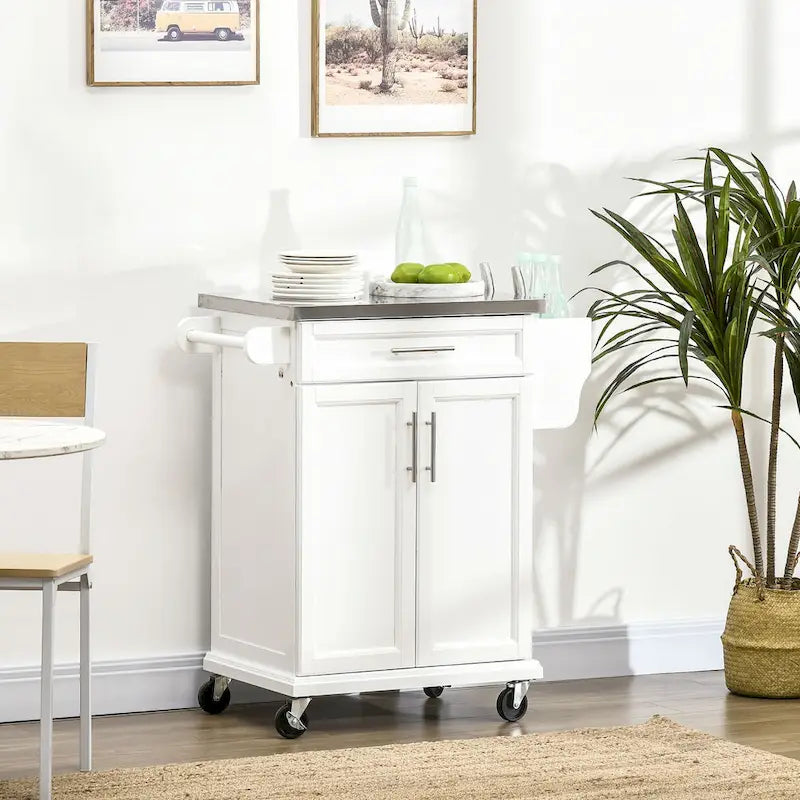 Rolling Kitchen Cart with Stainless Steel Countertop, Drawer, Towel Rack and Spice Rack