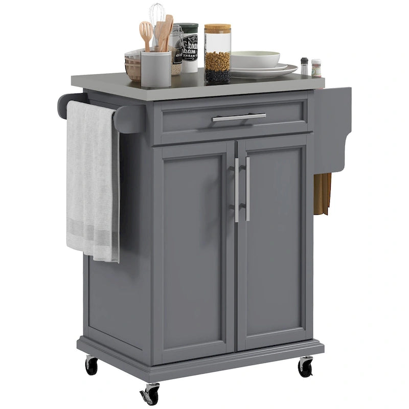 Rolling Kitchen Cart with Stainless Steel Countertop, Drawer, Towel Rack and Spice Rack